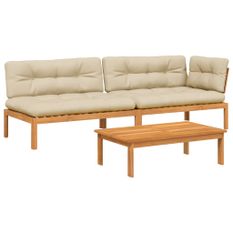Salon palette de jardin avec coussins 3pcs bois d'acacia massif