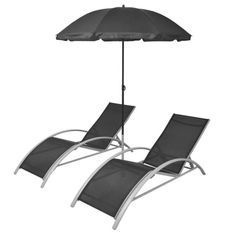 Set de 2 chaises longues et 1 parasol polyester noir Derino
