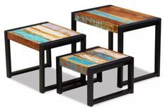 Set de 3 tables gigognes bois de récupération et pieds métal noir Area