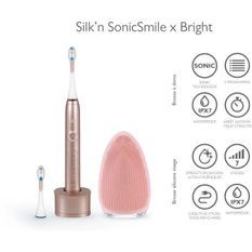 Silk'n Pink beauty - Coffret brosse a dent sonique 5 programmes et brosse visage silicone - finition Girly rose -