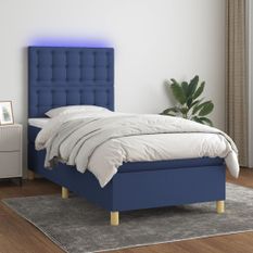 Sommier à lattes de lit et matelas et LED Bleu 90x190 cm Tissu