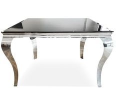 Table à manger carrée baroque acier chromé et plateau noir trempé Boza 140 cm