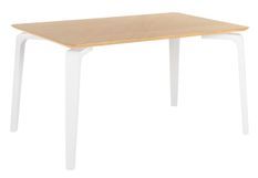 Table à manger bois d'hévéa avec placage chêne et pieds laqué blanc Kika 140 cm