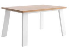Table à manger bois d'hévéa avec placage chêne et pieds laqué blanc Loubo 140 cm