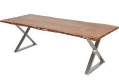 Table à manger bois massif et pieds en croix acier chromé Kiwa 240 cm