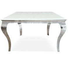 Table à manger carrée baroque acier chromé et plateau blanc trempé Boza 140 cm