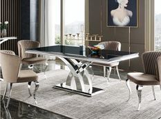 Table à manger design acier inoxydable poli et verre trempé noir Milla 180 cm