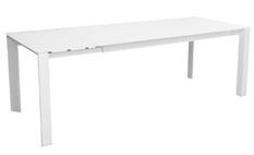 Table à manger design extensible verre teinté blanc et pieds métal blanc Mikale 140 à 190 cm