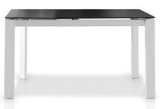 Table à manger design extensible verre teinté noir et pieds métal blanc Mikale 140 à 190 cm