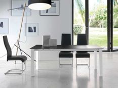 Table à manger design extensible verre teinté noir et pieds métal blanc Mikale 140 à 190 cm