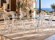 Table à manger design MODINA 180 cm – Structure transparente en polycarbonate et plateau en verre trempé – Fabrication italienne