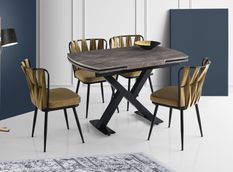 Table à manger extensible bois marron et pieds acier noir 120/180 cm