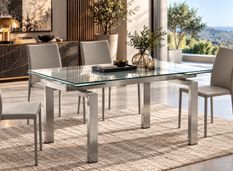 Table à manger extensible DOWNTON 140 à 200 cm – Verre trempé transparent et acier satiné brossé – Design italien