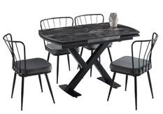 Table à manger extensible noir effet marbre et pieds acier noir 120/180 cm