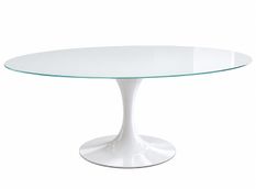 Table à manger ovale KAMANTY 160 × 110 cm – Plateau en verre trempé blanc et piètement en acier laqué – Design italien