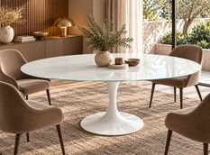 Table à manger ovale KAMANTY 160 × 110 cm – Plateau en verre trempé blanc et piètement en acier laqué – Design italien