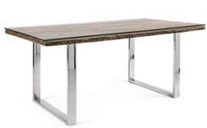Table à manger plateau bois massif recyclé et verre trempé sur pieds acier chromé Stany 180 cm