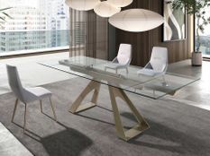 Table à manger rectangulaire extensible Balina 160/240 cm - Plateau en verre trempé et pieds acier marron clair