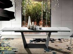 Table à manger rectangulaire extensible Balina L 180/270 cm - Plateau en porcelaine blanche et pied acier noir