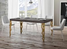 Table à manger rectangulaire orientale bois foncé et pieds métal doré Kazay 180 cm