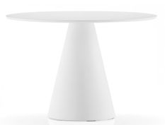 Table à manger ronde blanche polyéthylène et plateau bois blanc Kizola