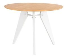 Table à manger ronde bois d'hévéa avec placage chêne et pieds laqué blanc Alino 120 cm