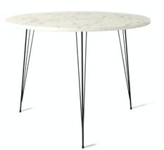 Table à manger ronde bois effet marbre blanc et pieds en forme d'épingles acier noir Kizone 90 cm