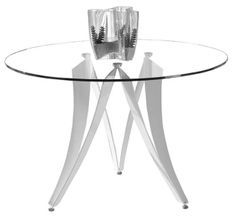 Table à manger ronde design Beniza 120 cm - Plateau verre trempé et pieds métal blanc brillant