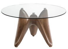 Table à manger ronde design en bois couleur noyer et verre transparent Kantar