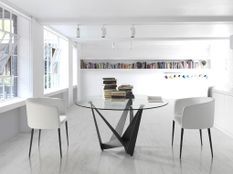 Table à manger ronde design Gala - Plateau en verre trempé et pieds en acier noir