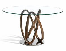 Table à manger ronde design pied torsadé bois couleur noyer et verre transparent Pinta