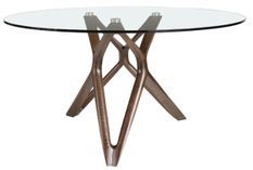 Table à manger ronde design pieds bois couleur noyer et verre transparent Punka