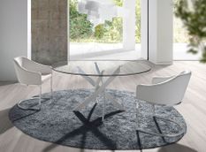 Table à manger ronde design Princia - Plateau en verre transparent et pied en acier blanc