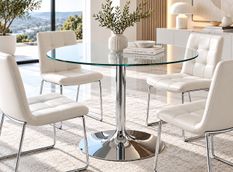 Table à manger ronde DIAMINO – Verre trempé et pied central en acier chromé – Design italien