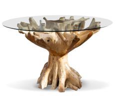 Table à manger ronde en racine de teck et verre trempé RAKINA