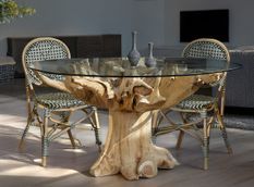 Table à manger ronde en racine de teck et verre trempé RAKINA