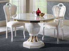 Table à manger ronde extensible bois vernis laqué brillant blanc et doré Lesly 110 à 160 cm