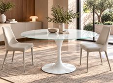 Table à manger ronde KAMANTY Ø 130 cm – Plateau en verre trempé blanc et pied en acier laqué – Fabrication italienne