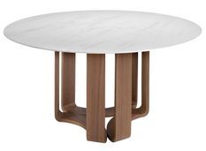 Table à manger ronde Kloser 150 cm - Porcelaine blanche effet marbre et plateau tournant en Noyer