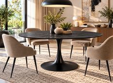 Table à manger ronde KULIPA Ø120 cm – Acier & bois noir avec veinure – 5 places