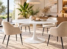 Table à manger ronde KULIPA – Acier blanc & bois blanc laqué mat