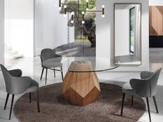Table à manger ronde Okta 150 cm - Noyer et verre transparent