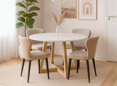 Table à manger ronde OSAKA Ø140 cm – Blanc microciment & bois de manguier