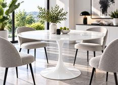 Table à manger ronde PETALE Ø90 cm – Bois MDF et pied tulipe en métal laqué blanc – Design contemporain