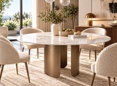 Table à manger ronde porcelaine blanche et acier marron KERPA 150 cm