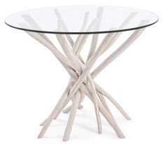 Table à manger ronde SAHEL – bois massif de teck blanchi & verre trempé – Ø110 cm