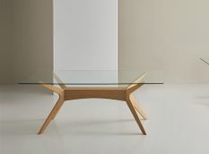 Table à manger verre trempé et bois d'hévéa finition chêne Noky