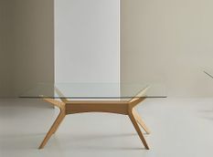 Table à manger verre trempé et bois d'hévéa finition noyer Noky