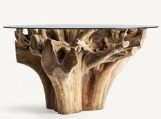 Table à manger WARRI Ø150 — Racine de teck & verre trempé