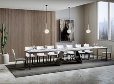 Table à rallonges 6 à 20 places blanc effet marbre avec un cadre et des pieds acier gris foncé 160 à 420 cm Borys